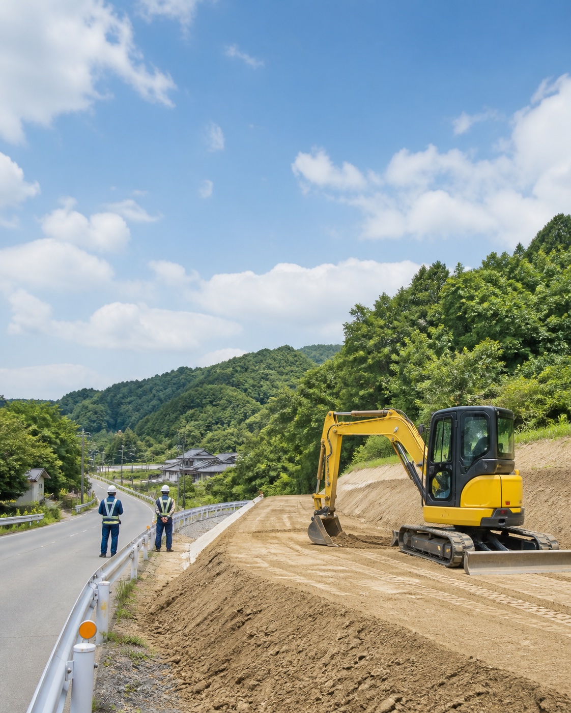 山あいの道路工事現場で作業する重機と後ろ姿の作業員