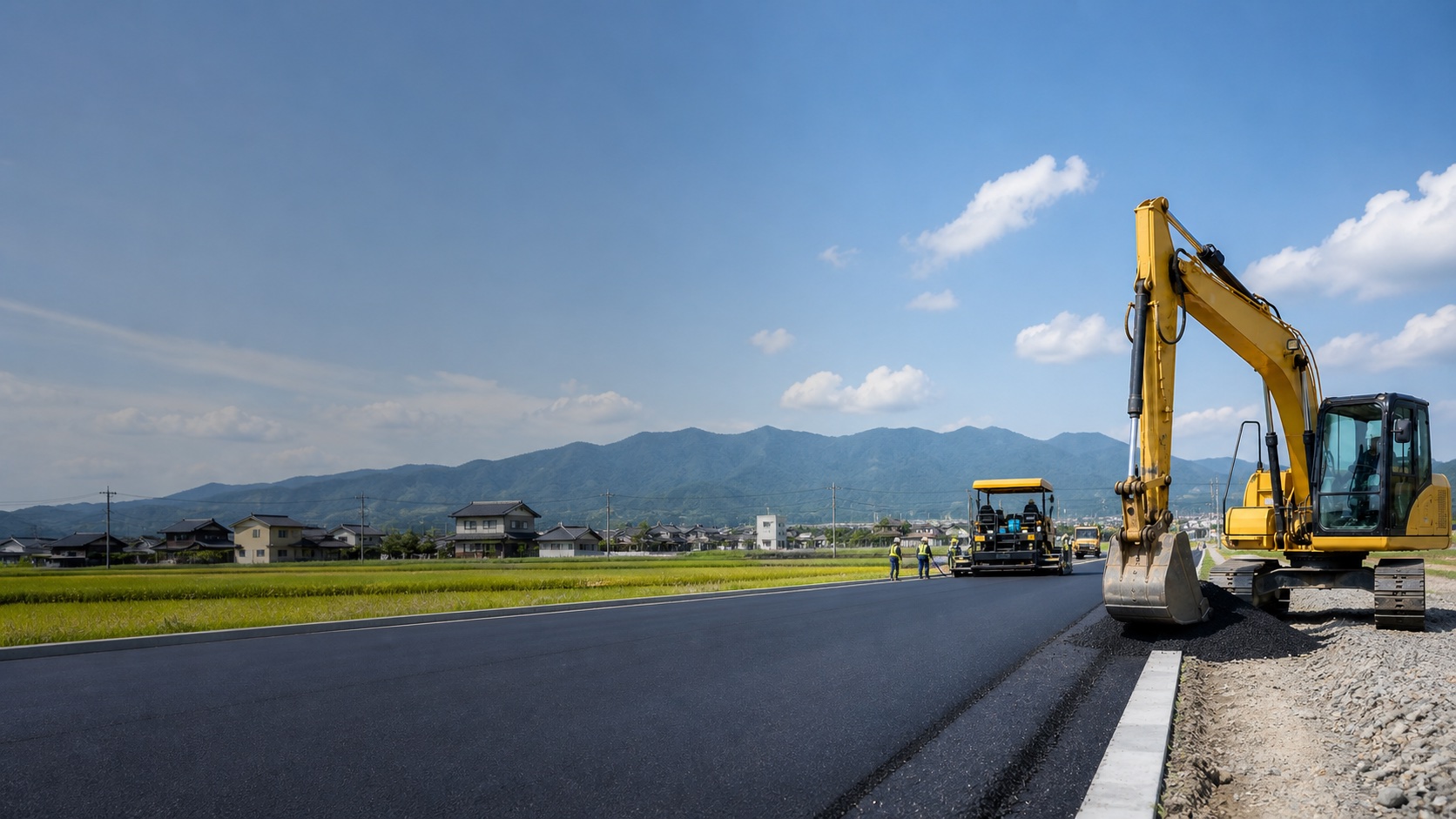 重機と舗装機械が稼働する道路工事の現場
